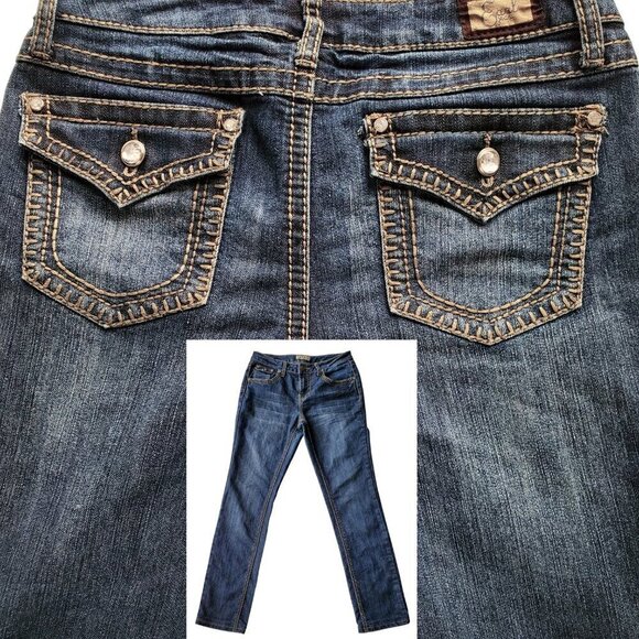 Earl Jeans Straight Leg Embellished Thick Stitching Crystal Button Flap Pocket 4 - Picture 1 of 16